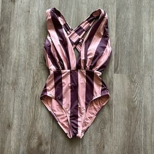 Swim RX Plunge One Piece Swim Suit Pink & Maroon Striped Size XS